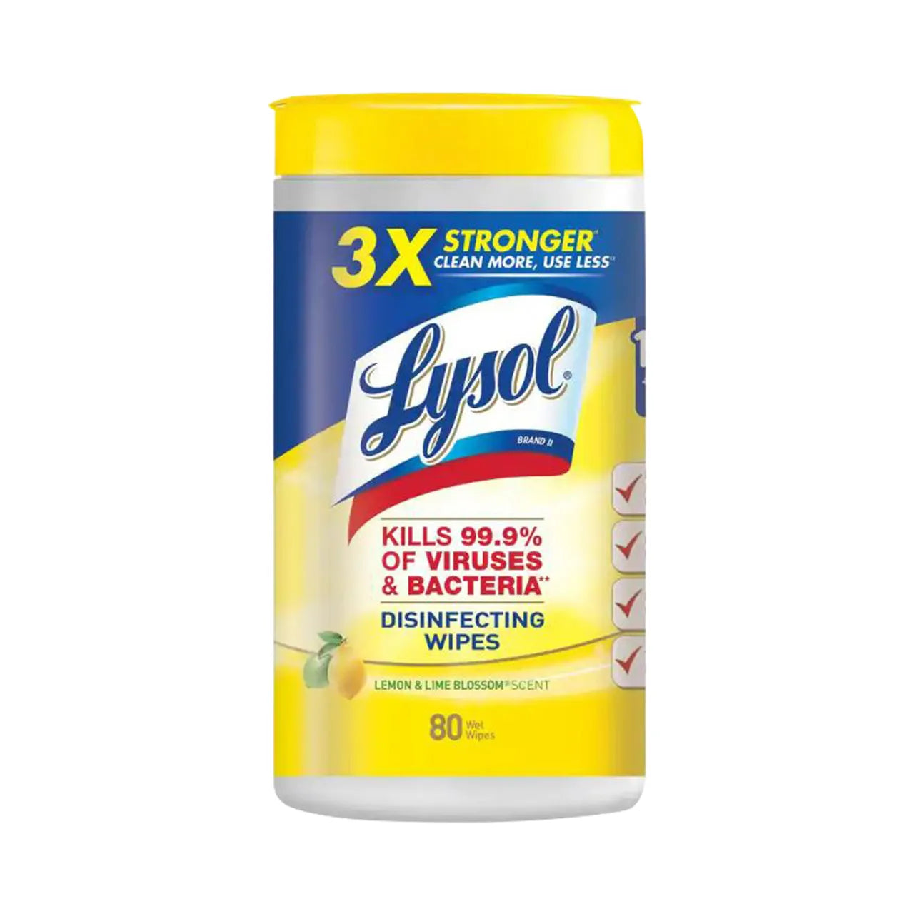 Go Build 80-Count Lemon and Lime Blossom Disinfecting Wipes offer 3X stronger cleaning power, kill 99.9% of viruses and bacteria, and come in a canister with a yellow lid.